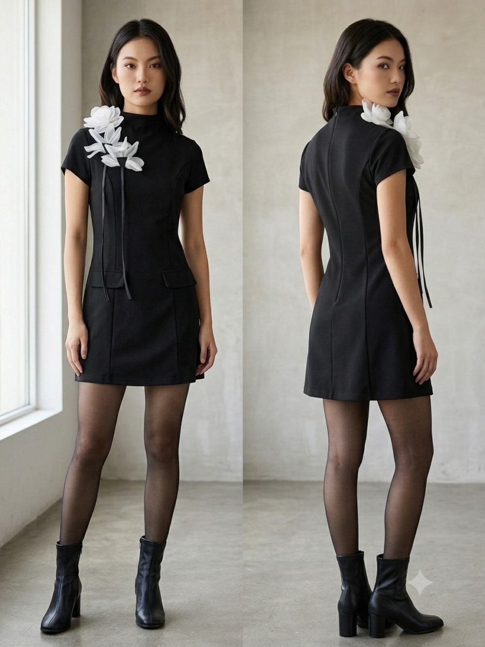 Black Mini Dress with White Floral Accent